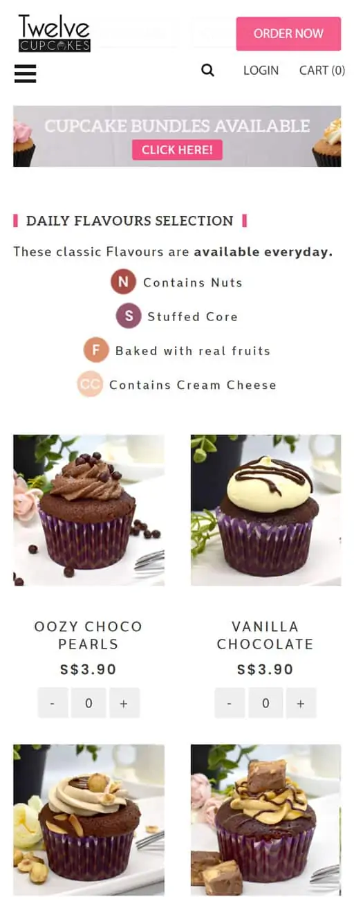 mobile screenshot of twelve cupcakes website cupcakes